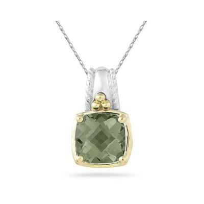 Cushion Cut Green Amethyst Pendant in 14K Yellow Gold And Silver