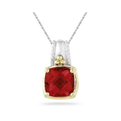 Cushion Cut Garnet Pendant in 14K Yellow Gold And Silver