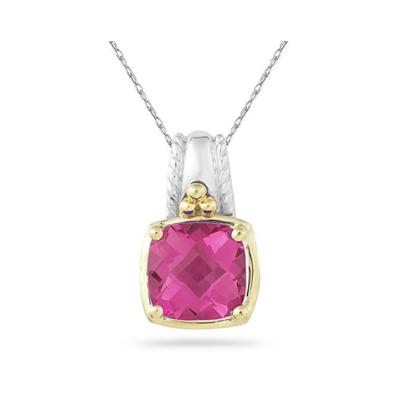 Cushion Cut Pink Topaz Pendant in 14K Yellow Gold And Silver