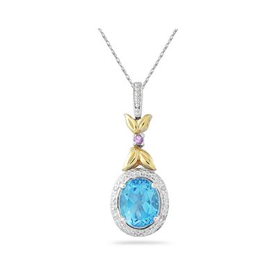 Blue Topaz and Pink Sapphire Diamond Pendant in 14k Yellow Gold And Silver