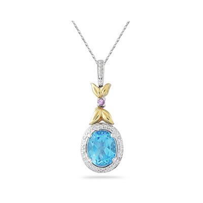 Blue Topaz and Pink Sapphire  Diamond Pendant in 14k Yellow Gold And Silver 