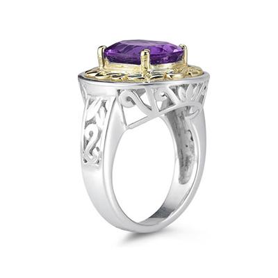 4.45ct.Oval Shape Amethyst Ring in 14k Yellow Gold and Silver 