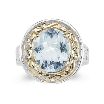 4.45ct.Oval Shape Aquamarine Ring in 14k Yellow Gold and Silver 