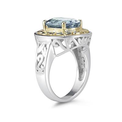 4.45ct.Oval Shape Aquamarine Ring in 14k Yellow Gold and Silver 