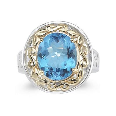 4.45ct.Oval Shape Blue Topaz Ring in 14k Yellow Gold and Silver 