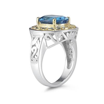 4.45ct.Oval Shape Blue Topaz Ring in 14k Yellow Gold and Silver 