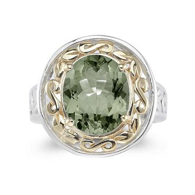 4.45ct.Oval Shape Green Amethyst Ring in 14k Yellow Gold and Silver