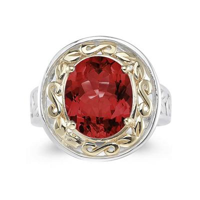 4.45ct.Oval Shape Garnet Ring in 14k Yellow Gold and Silver 