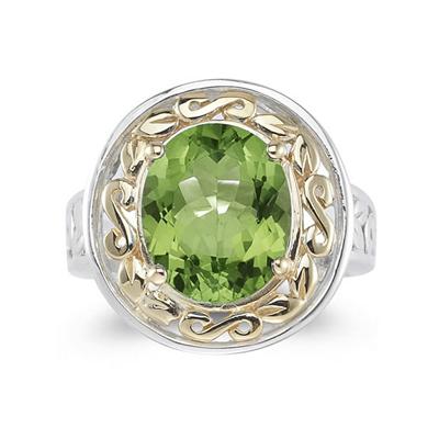4.45ct.Oval Shape Peridot Ring in 14k Yellow Gold and Silver