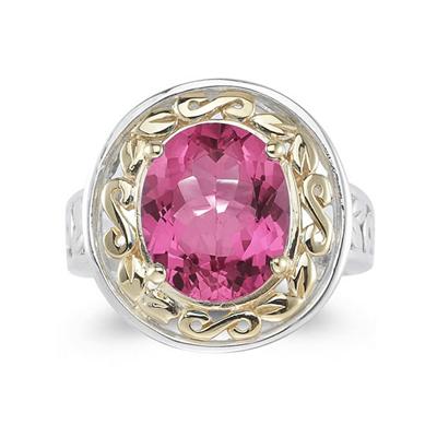 4.45ct.Oval Shape Pink Topaz Ring in 14k Yellow Gold and Silver 