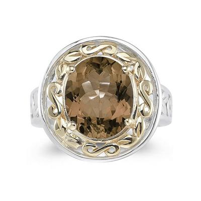 4.45ct.Oval Shape Smokey Quartz Ring in 14k Yellow Gold and Silver
