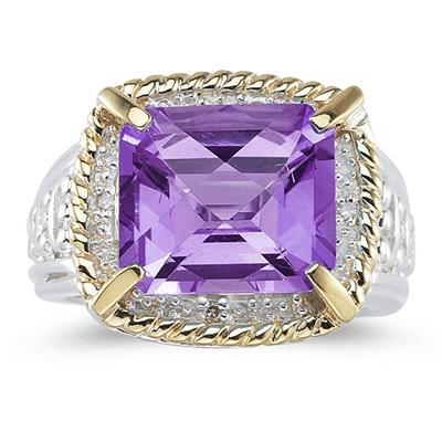 Emerald Cut Amethyst and Diamond Ring in 14K Yellow Gold and Silver 