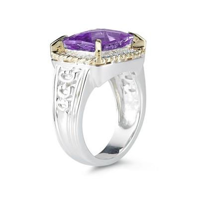 Emerald Cut Amethyst and Diamond Ring in 14K Yellow Gold and Silver 