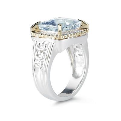 Emerald Cut Aquamarine and Diamond Ring in 14K Yellow Gold and Silver 