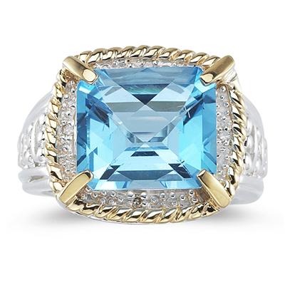Emerald Cut Blue Topaz and Diamond Ring in 14K Yellow Gold and Silver 