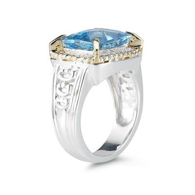Emerald Cut Blue Topaz and Diamond Ring in 14K Yellow Gold and Silver 