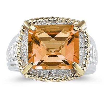 Emerald Cut Citrine and Diamond Ring in 14K Yellow Gold and Silver 
