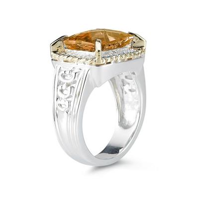 Emerald Cut Citrine and Diamond Ring in 14K Yellow Gold and Silver 