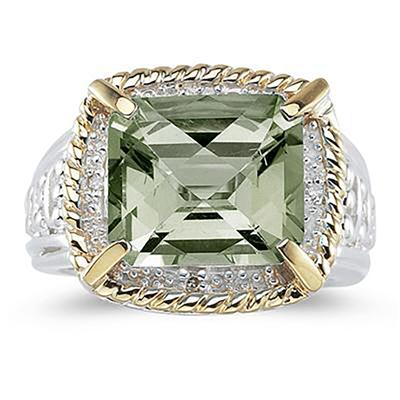 Emerald Cut Green Amethyst and Diamond Ring in 14K Yellow Gold and Silver 