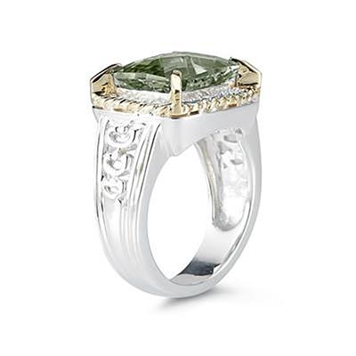Emerald Cut Green Amethyst and Diamond Ring in 14K Yellow Gold and Silver 