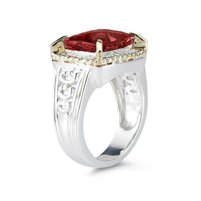 Emerald Cut Garnet and Diamond Ring in 14K Yellow Gold and Silver 