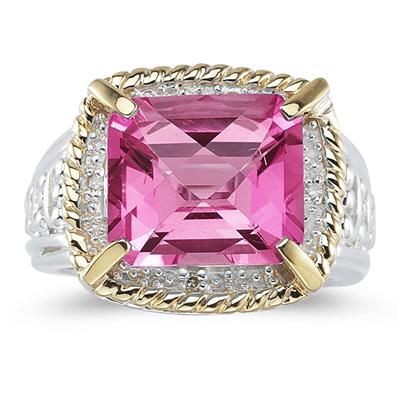 Emerald Cut Pink Topaz and Diamond Ring in 14K Yellow Gold and Silver