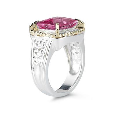 Emerald Cut Pink Topaz and Diamond Ring in 14K Yellow Gold and Silver