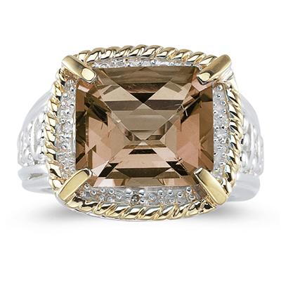 Emerald Cut Smokey Quartz and Diamond Ring in 14K Yellow Gold and Silver 