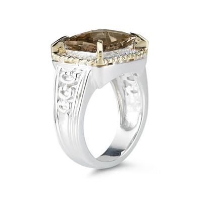 Emerald Cut Smokey Quartz and Diamond Ring in 14K Yellow Gold and Silver 