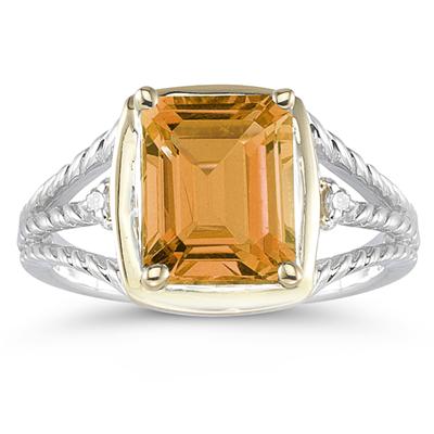 4.5ct Citrine And Diamond Ring in 14K Yellow Gold And Silver 