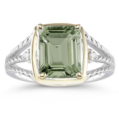4.5ct Green Amethyst And Diamond Ring in 14K Yellow Gold And Silver 