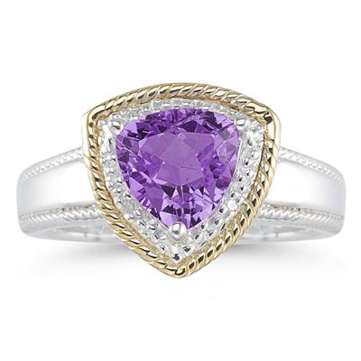 Trillion Cut Amethyst and Diamond Ring in 14K Yellow Gold and Silver 
