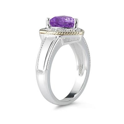 Trillion Cut Amethyst and Diamond Ring in 14K Yellow Gold and Silver 