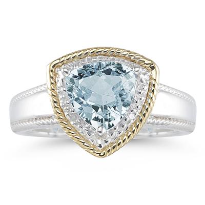 Trillion Cut Aquamarine and Diamond Ring in 14K Yellow Gold and Silver 