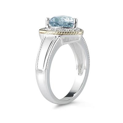 Trillion Cut Aquamarine and Diamond Ring in 14K Yellow Gold and Silver 