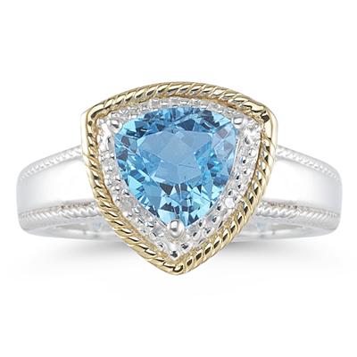 Trillion Cut Blue Topaz and Diamond Ring in 14K Yellow Gold and Silver 