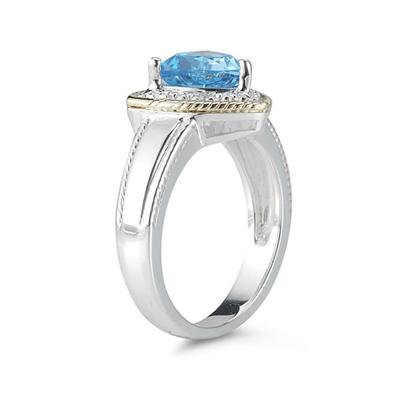 Trillion Cut Blue Topaz and Diamond Ring in 14K Yellow Gold and Silver 