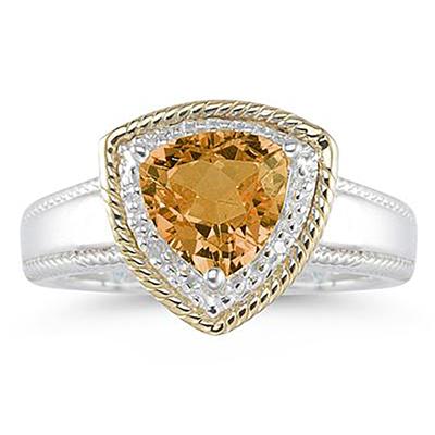 Trillion Cut Citrine and Diamond Ring in 14K Yellow Gold and Silver 
