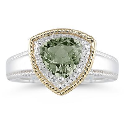 Trillion Cut Green Amethyst and Diamond Ring in 14K Yellow Gold and Silver 