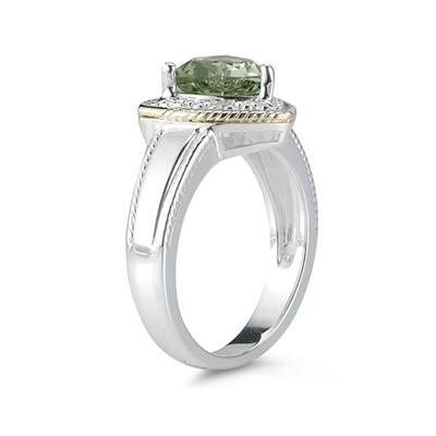 Trillion Cut Green Amethyst and Diamond Ring in 14K Yellow Gold and Silver 