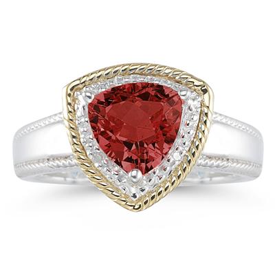 Trillion Cut Garnet and Diamond Ring in 14K Yellow Gold and Silver 