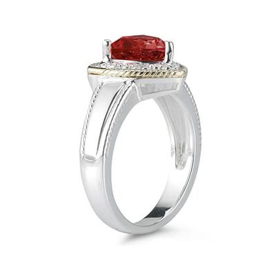Trillion Cut Garnet and Diamond Ring in 14K Yellow Gold and Silver 
