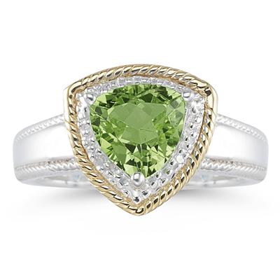 Trillion Cut Peridot and Diamond Ring in 14K Yellow Gold and Silver 