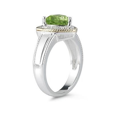 Trillion Cut Peridot and Diamond Ring in 14K Yellow Gold and Silver 
