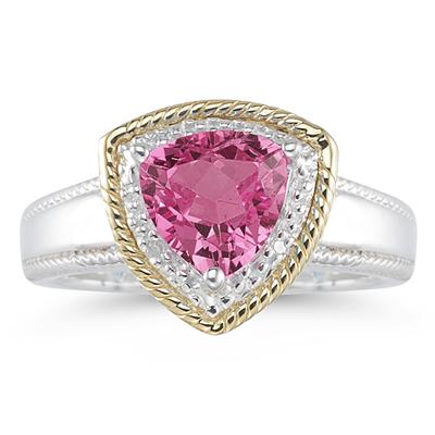 Trillion Cut Pink Topaz and Diamond Ring in 14K Yellow Gold and Silver 