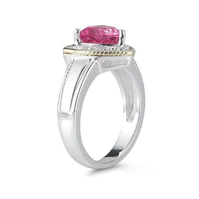 Trillion Cut Pink Topaz and Diamond Ring in 14K Yellow Gold and Silver 