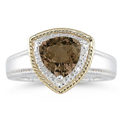 Trillion Cut Smokey Quartz and Diamond Ring in 14K Yellow Gold and Silver 