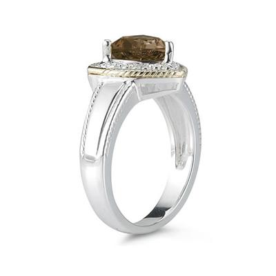 Trillion Cut Smokey Quartz and Diamond Ring in 14K Yellow Gold and Silver 