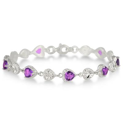 Amethyst and Diamond Heart Bracelet in .925 Sterling Silver