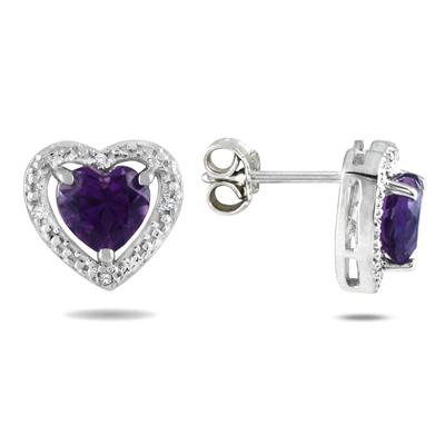 10k White Gold Amethyst and Diamond Heart Earrings